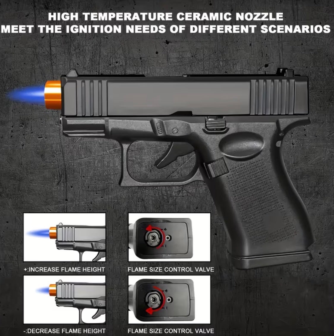 Gun-Shaped Butane Lighter with High-Temperature Ceramic Nozzle, Black Orange